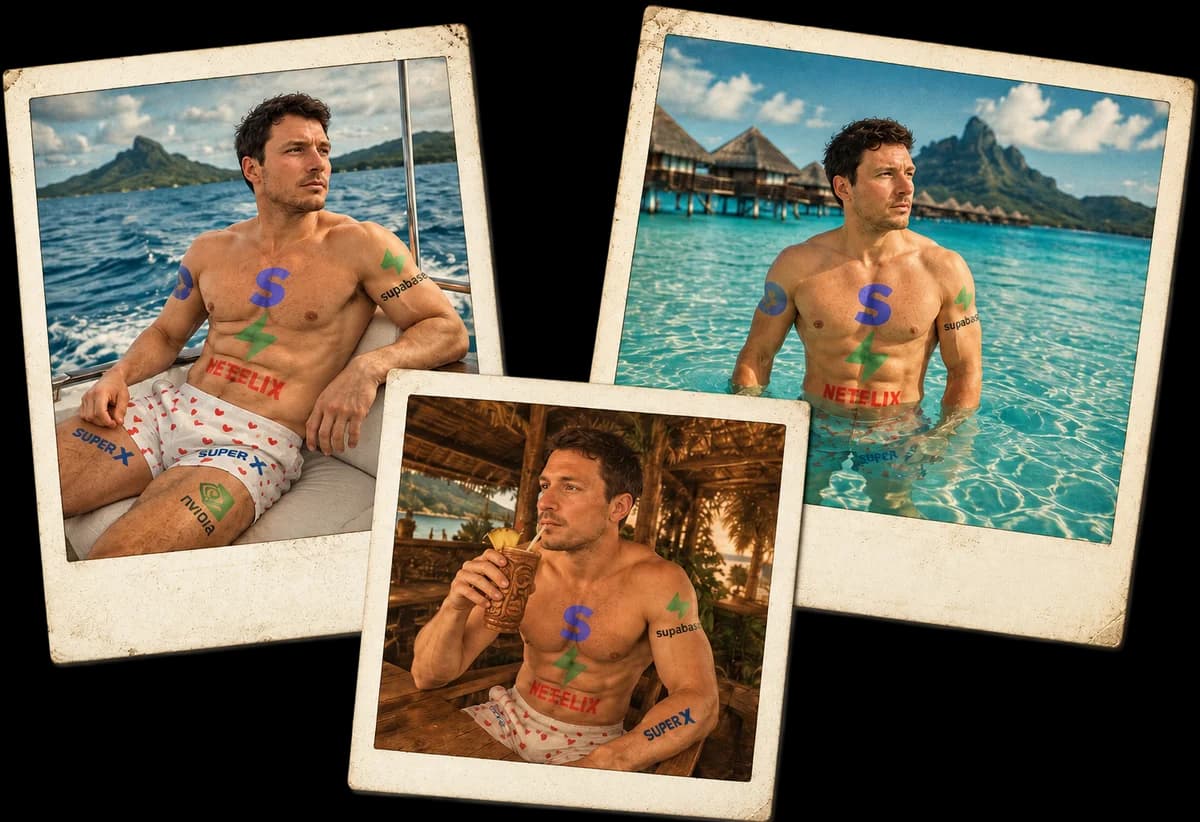 Three polaroids from the shoot: the fake tattoos worn on a boat, in the lagoon and at the beach bar in Bora Bora